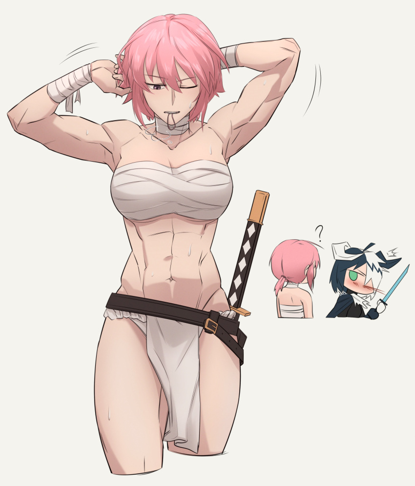 2girls ? abs absurdres alchemy_stars armpits arms_up bandaged_arm bandaged_neck bandages bandeau bangs belt black_belt breasts chest_sarashi commentary cropped_legs fundoshi grey_background hair_between_eyes hair_tie_in_mouth highres hiiro_(alchemy_stars) japanese_clothes katana kimmy_tsunami medium_breasts midriff mouth_hold multiple_girls muscular navel one_eye_closed pink_hair sarashi sharona_(alchemy_stars) short_hair simple_background standing stomach strapless sword thighs tube_top violet_eyes weapon wrist_wrap