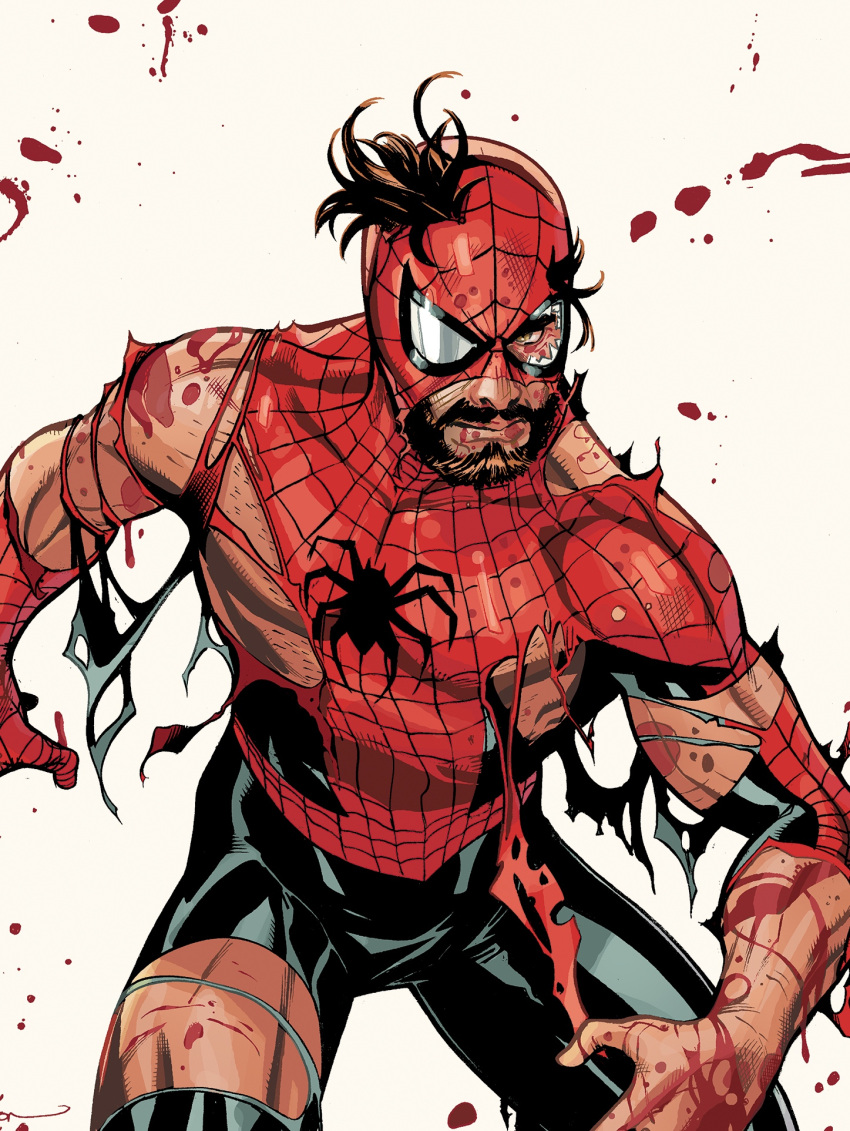 1boy artist_collaboration beard black_bodysuit blood bodysuit brown_hair facial_hair highres looking_at_viewer marvel multicolored_bodysuit peter_parker rachel_dodson red_bodysuit simple_background solo spider-man spider-man_(series) terry_dodson torn_bodysuit torn_clothes two-tone_bodysuit white_background