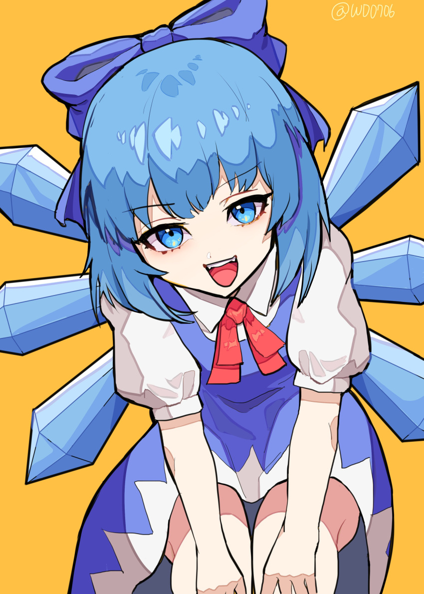 1girl :d absurdres ahoge bent_over blue_bow blue_dress blue_eyes blue_hair blush bow cirno collared_shirt commentary_request dress eyebrows_visible_through_hair eyelashes fairy hair_between_eyes hair_bow hands_on_own_knees highres ice ice_wings looking_at_viewer open_mouth pinafore_dress puffy_short_sleeves puffy_sleeves red_ribbon ribbon shiny shiny_hair shirt short_hair short_sleeves simple_background smile solo teeth tongue touhou twitter_username upper_teeth wd0706 white_shirt wings yellow_background