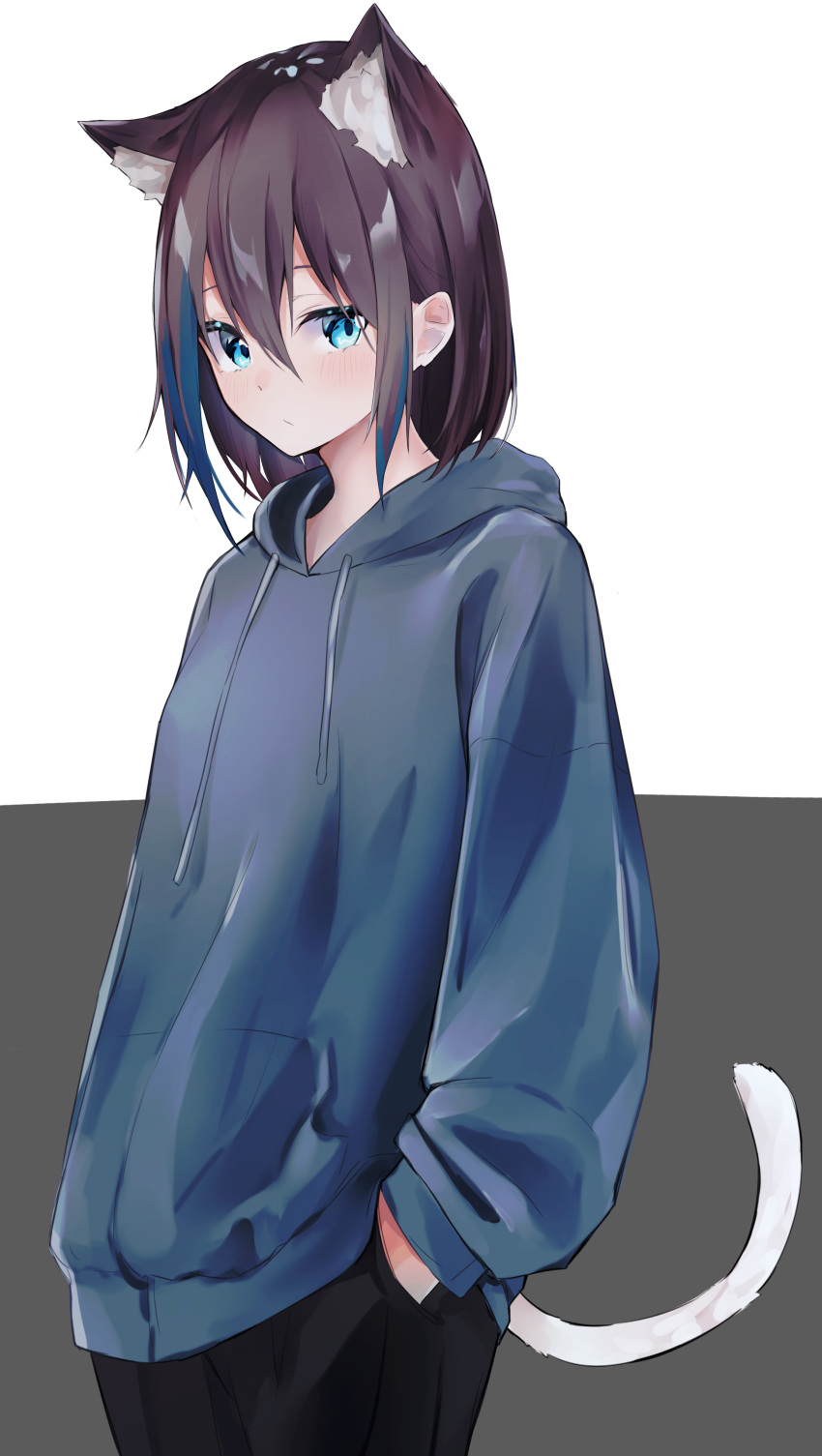 1girl absurdres animal_ear_fluff animal_ears bangs black_pants blue_eyes blue_hoodie blush brown_hair cat_ears cat_girl cat_tail extra_ears grey_background hair_between_eyes hands_in_pockets highres hood hood_down hoodie looking_at_viewer medium_hair nanashinayuzu_mochi original pants simple_background solo tail tail_raised white_background white_tail