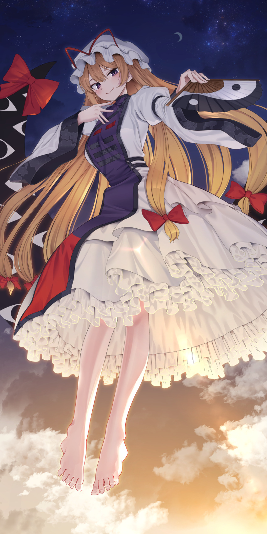 1girl absurdres barefoot blonde_hair blush crescent from_below full_body gap_(touhou) goback gradient_sky hand_fan hat highres holding holding_fan long_hair looking_at_viewer mob_cap moon sky smile solo star_(sky) starry_sky tabard toes touhou very_long_hair violet_eyes yakumo_yukari