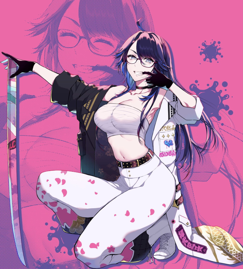 1girl ahoge belt black_gloves black_hair blue_eyes breasts chest_sarashi collarbone commentary_request full_body glasses gloves grin highres indie_virtual_youtuber jacket kson large_breasts looking_at_viewer navel open_clothes open_jacket pants petal_print pink_background pochi_(pochi-goya) print_pants sarashi smile solo souchou sword teeth virtual_youtuber weapon white_pants wooden_sword