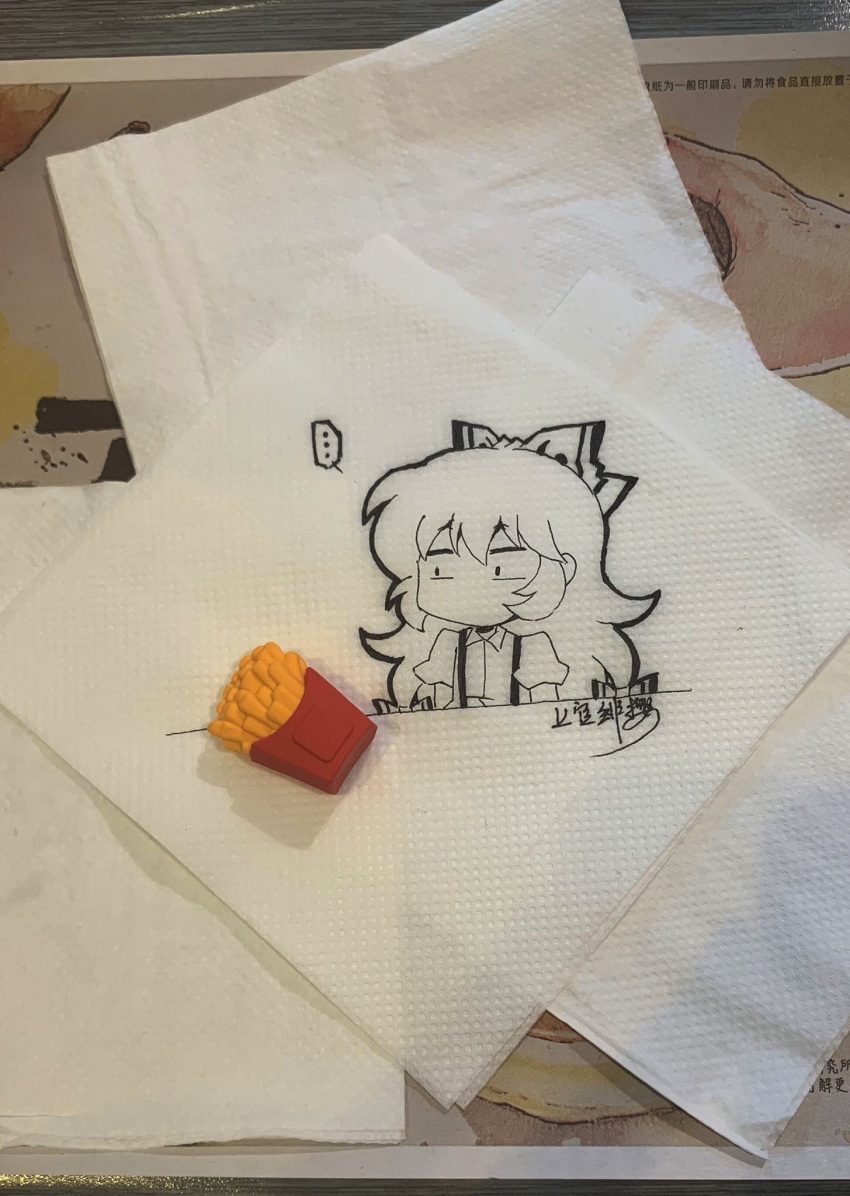 ... 1girl bow collared_shirt commentary cropped_torso eating eyebrows_visible_through_hair food french_fries fujiwara_no_mokou hair_bow highres jokanhiyou long_hair mcdonald's napkin no_nose open_mouth photo_(medium) puffy_short_sleeves puffy_sleeves shirt short_sleeves sketch solo spoken_ellipsis suspenders symbol-only_commentary touhou traditional_media unconventional_media upper_body