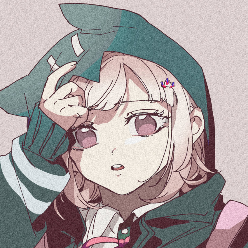 1girl backpack bag bangs brown_hair collared_shirt danganronpa_(series) danganronpa_2:_goodbye_despair dress_shirt flipped_hair galaga green_jacket grey_background hair_ornament highres hood hood_up jacket long_sleeves medium_hair mi_cha_iru nanami_chiaki neck_ribbon open_mouth pink_eyes pink_ribbon ribbon shirt simple_background solo teeth upper_teeth