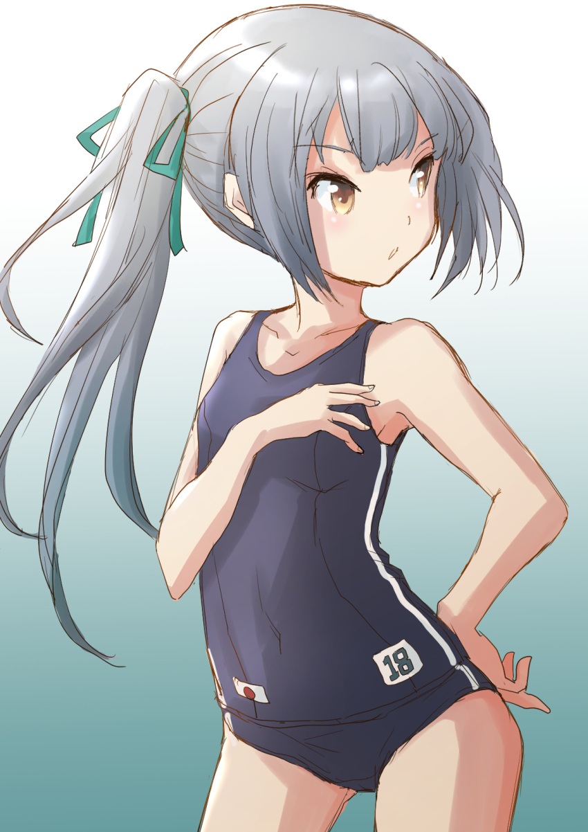 1girl alternate_costume ass_visible_through_thighs black_swimsuit blue_swimsuit breasts covered_navel cowboy_shot eyebrows_visible_through_hair fuji_(pixiv24804665) gradient gradient_background green_background grey_hair hair_between_eyes hand_on_hip hand_on_own_chest highres japanese_flag kantai_collection kasumi_(kancolle) long_hair looking_to_the_side number_print old_school_swimsuit one-piece_swimsuit school_swimsuit side_ponytail silver_hair small_breasts solo swimsuit yellow_eyes