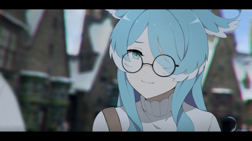 1girl :3 bangs blue_eyes blue_hair blurry blurry_background elira_pendora glasses hair_over_one_eye head_wings highres lendivere letterboxed long_hair nijisanji nijisanji_en one_eye_covered portrait round_eyewear smile solo sweater twitter_username virtual_youtuber white_sweater