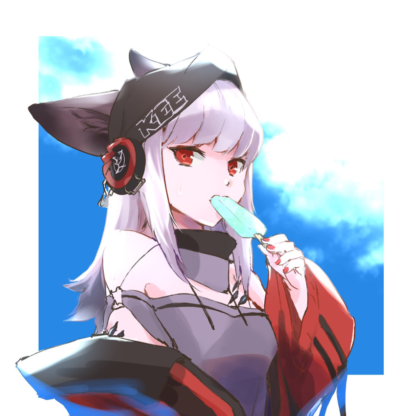 1girl animal_ears arknights arm_at_side backlighting bangs black_headwear blue_sky clouds commentary_request e-bushi ears_through_headwear eating food fox_ears framed frostleaf_(arknights) grey_shirt hand_up headphones_over_headwear highres holding holding_food jacket long_hair long_sleeves looking_at_viewer looking_down off-shoulder_shirt off_shoulder oripathy_lesion_(arknights) outside_border popsicle_in_mouth red_eyes red_jacket red_nails shirt sidelocks sky solo upper_body white_hair woollen_cap