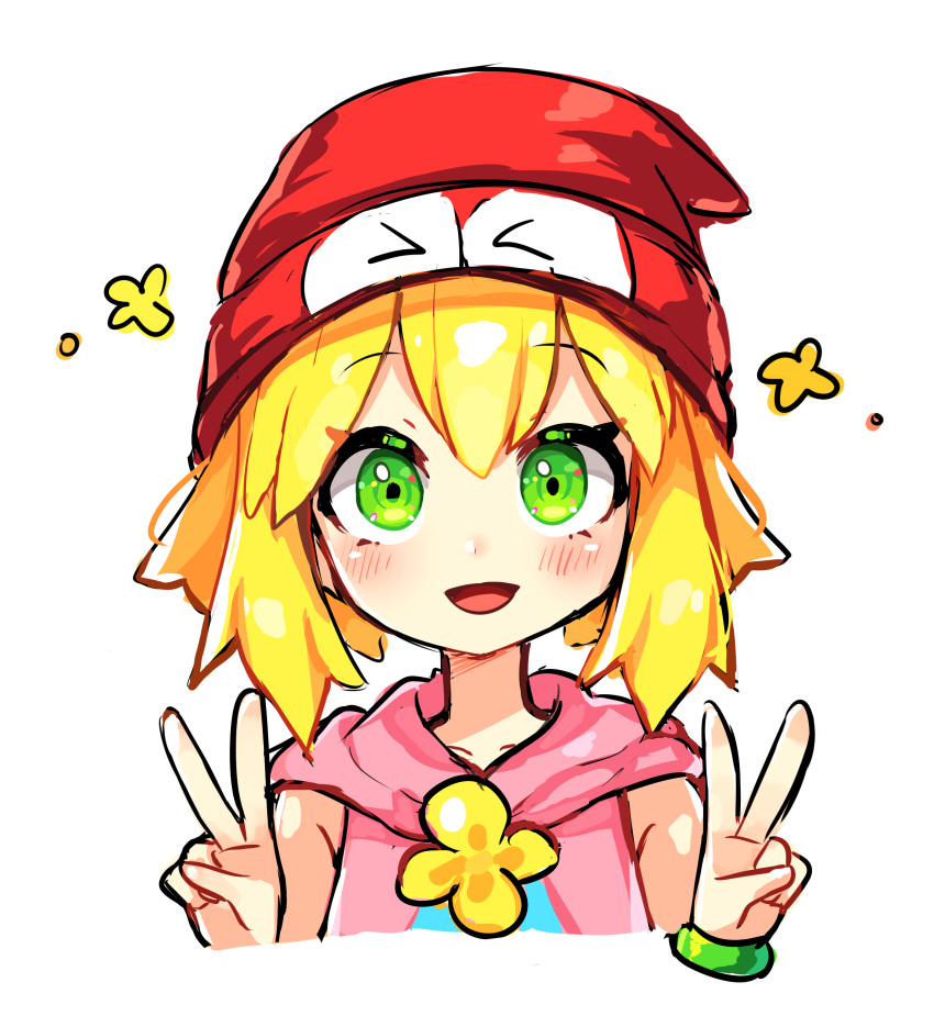 1girl absurdres amitie_(puyopuyo) blonde_hair blush bracelet collarbone double_v eyebrows_visible_through_hair green_eyes highres jewelry looking_at_viewer open_mouth puyopuyo red_headwear s2offbeat short_hair smile solo upper_body v