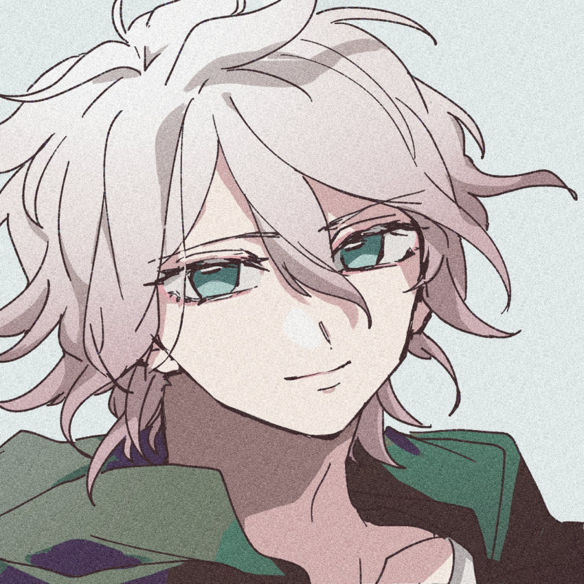 1boy bangs closed_mouth danganronpa_(series) danganronpa_2:_goodbye_despair green_jacket grey_background grey_eyes grey_hair hair_between_eyes highres hood hood_down jacket komaeda_nagito looking_at_viewer messy_hair mi_cha_iru portrait simple_background smile solo