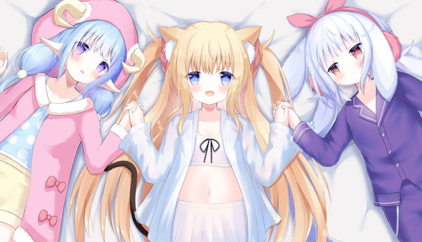 3girls :d animal_ear_fluff animal_ears bed_sheet blonde_hair blue_eyes blue_hair blue_tank_top blush bow cat_ears cat_girl cat_tail closed_mouth collarbone commentary_request fur-trimmed_jacket fur_trim hair_ribbon highres holding_hands hood hood_up horns horns_through_headwear interlocked_fingers jacket long_hair long_sleeves looking_at_viewer lying multiple_girls navel on_back open_clothes open_jacket original pajamas pants pink_jacket pleated_skirt polka_dot purple_pajamas purple_pants purple_shirt rabbit_ears red_bow red_eyes red_ribbon ribbon sheep_ears sheep_girl sheep_horns shirt siera_(sieracitrus) silver_hair skirt smile tail tank_top two_side_up very_long_hair violet_eyes white_jacket white_skirt yellow_shirt