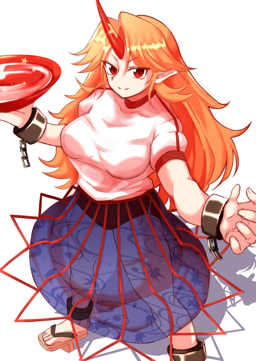 1girl absurdres alcohol bangs blonde_hair blue_skirt breasts closed_mouth commentary_request cuffs cup eyebrows_visible_through_hair foot_out_of_frame fugaku_(miko_no_miyatsuguchi) geta highres holding holding_cup horns hoshiguma_yuugi large_breasts long_hair looking_at_viewer pointy_ears red_eyes red_horns sakazuki sake shirt short_sleeves simple_background single_horn skirt smile solo star_(symbol) touhou white_background white_shirt