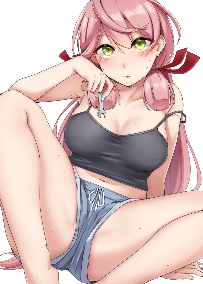 1girl absurdres akashi_(kancolle) barefoot blue_shorts blush breasts camisole collarbone eyebrows_visible_through_hair feet_out_of_frame green_eyes hair_between_eyes hair_ribbon highres holding holding_wrench kantai_collection kiritto large_breasts long_hair looking_at_viewer navel open_mouth pink_hair red_ribbon reward_available ribbon short_shorts shorts simple_background solo strap_slip sweat tress_ribbon white_background wrench