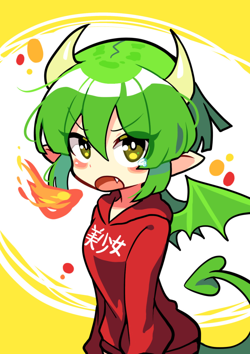 1girl blush draco_centauros dragon_girl dragon_horns dragon_tail dragon_wings eyebrows_visible_through_hair fang fire green_hair highres hood hoodie horns looking_at_viewer open_mouth pointy_ears puyopuyo red_hoodie s2offbeat short_hair solo tail translation_request wings yellow_eyes