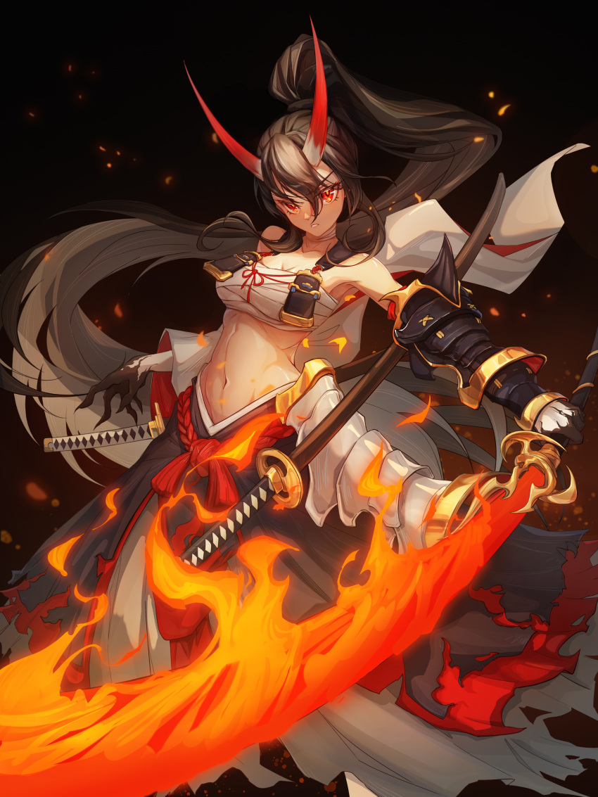 1girl absurdly_long_hair absurdres akakage_youtou_hime_(onmyoji) armor black_hair embers faulds flaming_sword flaming_weapon gauntlets hair_between_eyes highres holding holding_sword holding_weapon horns katana long_hair looking_at_viewer midriff navel onmyoji parted_lips ponytail red_eyes sarashi single_gauntlet solo sword torn_clothes tsurime very_long_hair weapon yepo youtouhime