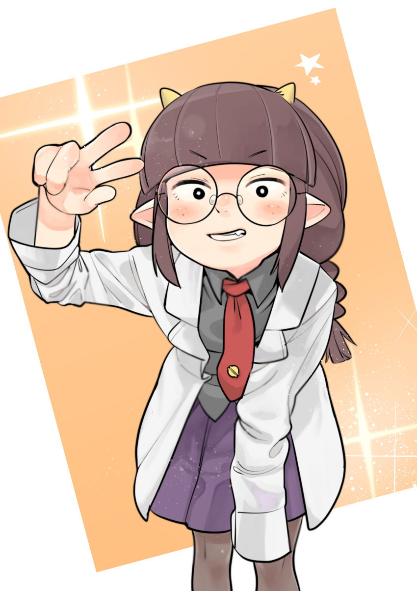 1girl absurdres bangs black_legwear blunt_bangs blush braid collared_shirt eyebrows_visible_through_hair fang glasses grin highres jimiko labcoat looking_at_viewer necktie original pantyhose shirt sleeves_past_fingers sleeves_past_wrists smile solo tranqu_color twin_braids v