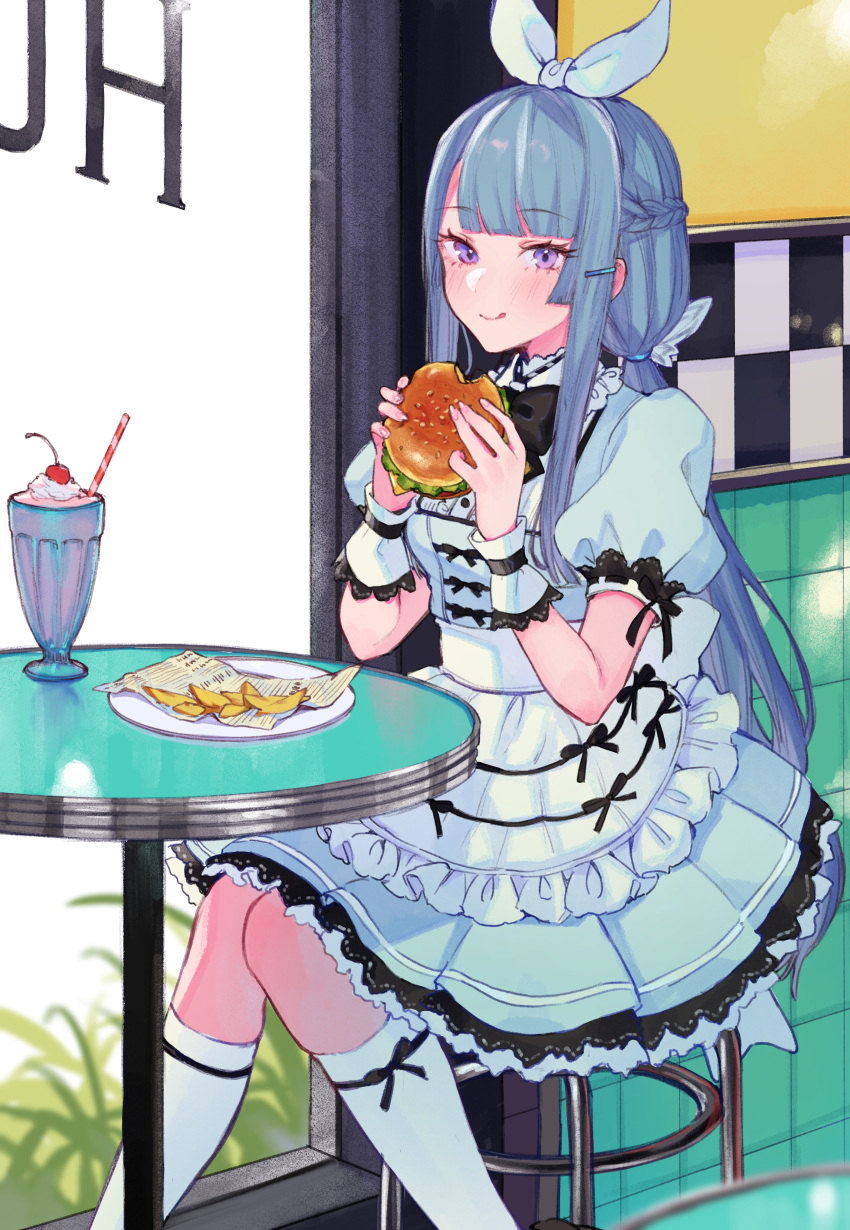 1girl :q absurdres apron bangs black_ribbon blue_dress blue_hair blunt_bangs blush bow braid burger cherry closed_mouth day dress drinking_straw eating eyebrows_visible_through_hair fast_food feet_out_of_frame fingernails food french_braid french_fries frilled_apron frills fruit hair_bow hair_ornament hairpin hands_up highres holding holding_food indoors kneehighs lace-trimmed_dress lace_trim leaf lolita_fashion long_hair looking_at_viewer nail_polish on_stool original pink_nails plate pleated_dress ponytail puffy_short_sleeves puffy_sleeves restaurant ribbon shiny shiny_hair short_sleeves sidelocks sitting smile smoothie solo stool swept_bangs table tongue tongue_out uni_(melm) violet_eyes waist_apron white_apron white_bow white_legwear wrist_cuffs