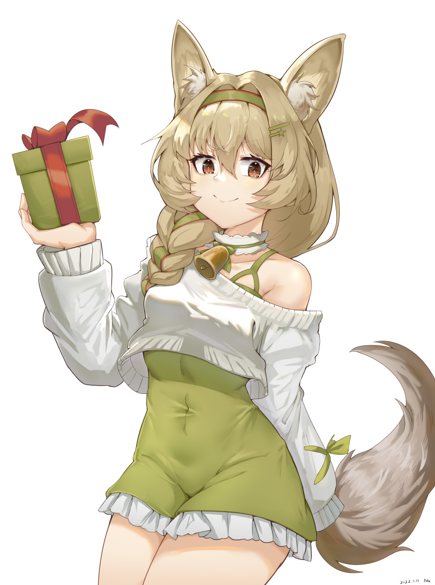 1girl absurdres animal_ear_fluff animal_ears arknights bangs bare_shoulders beanstalk_(arknights) beanstalk_(gift_uncompleted)_(arknights) bell box braid brown_hair closed_mouth collarbone commentary_request dress eyebrows_visible_through_hair frilled_dress frills gift gift_box green_dress green_hairband hair_between_eyes hair_intakes hair_ornament hair_over_shoulder hairband hairclip hand_up highres holding holding_gift long_hair off_shoulder pota_douzhi red_eyes simple_background single_braid smile solo sweater tail twitter_username white_background white_sweater