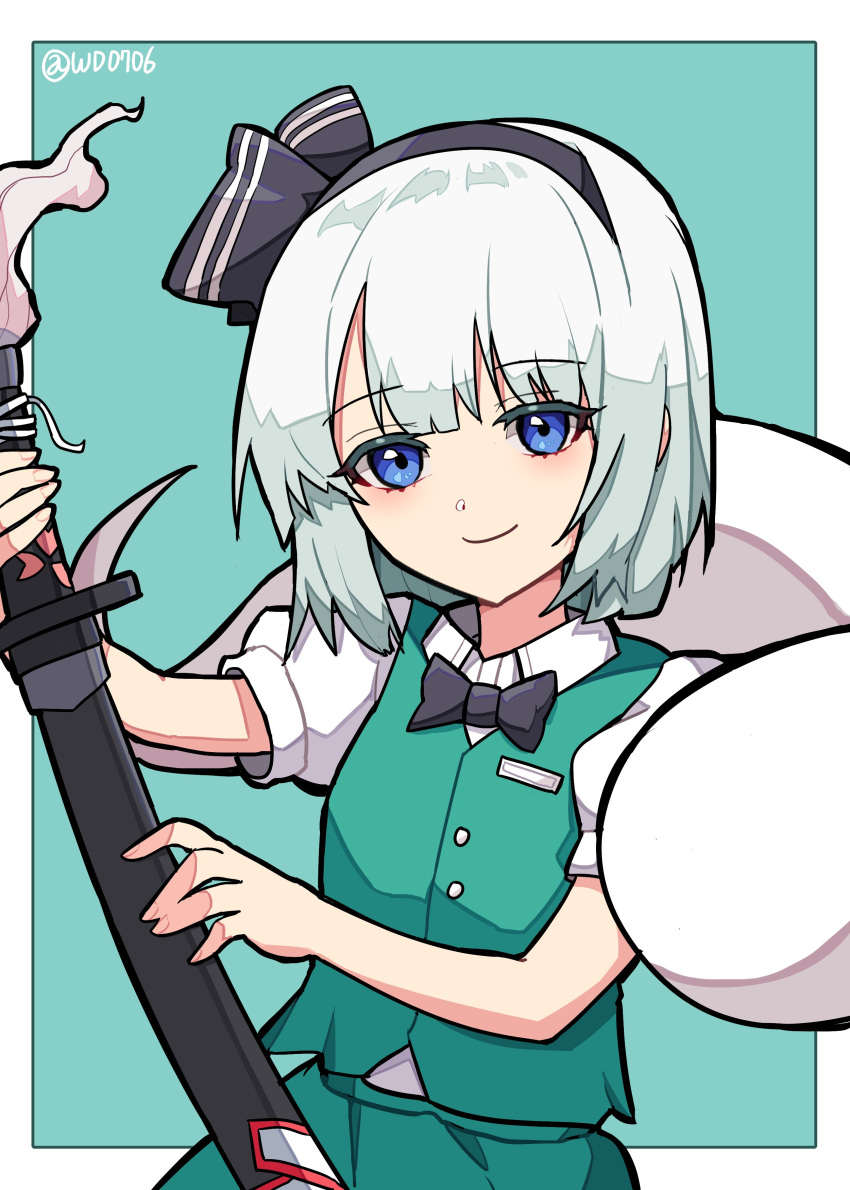 1girl \||/ absurdres bangs black_bow black_bowtie blue_background blue_eyes blunt_bangs blush bow bowtie buttons closed_mouth collared_shirt commentary_request eyebrows_visible_through_hair eyelashes fingernails green_skirt green_vest hair_ribbon hairband highres hitodama_print holding holding_sword holding_weapon katana konpaku_youmu konpaku_youmu_(ghost) korean_commentary looking_at_viewer outside_border pocket puffy_short_sleeves puffy_sleeves ribbon scabbard sheath shirt short_hair short_sleeves silver_hair simple_background skirt smile solo sword touhou twitter_username upper_body vest wd0706 weapon white_shirt wing_collar