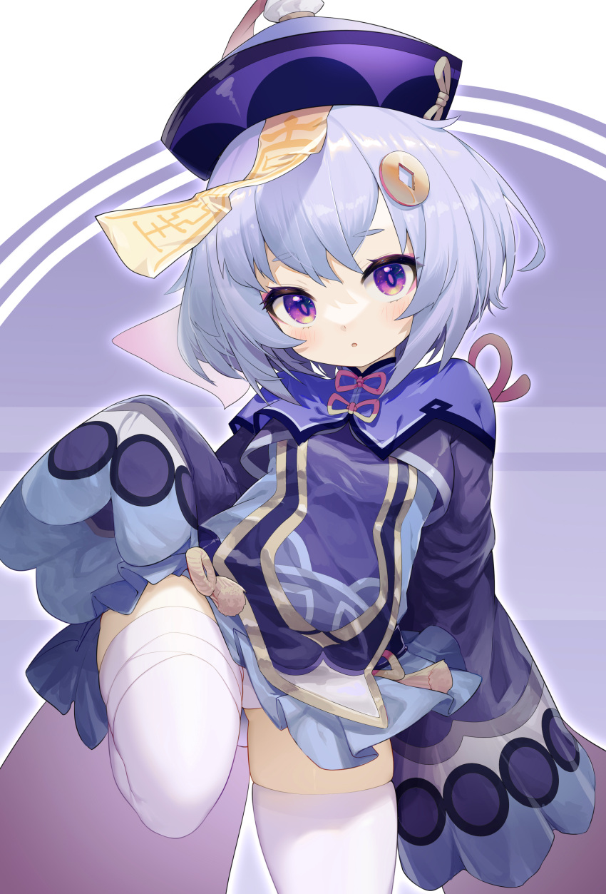1girl absurdres eyebrows_visible_through_hair genshin_impact grey_hair hat highres jiangshi leg_up long_sleeves looking_at_viewer ofuda panties pantyshot parted_lips pg_(pege544) purple_background qing_guanmao qiqi_(genshin_impact) short_hair skindentation sleeves_past_fingers sleeves_past_wrists solo standing standing_on_one_leg thigh-highs two-tone_background underwear violet_eyes white_background white_legwear white_panties