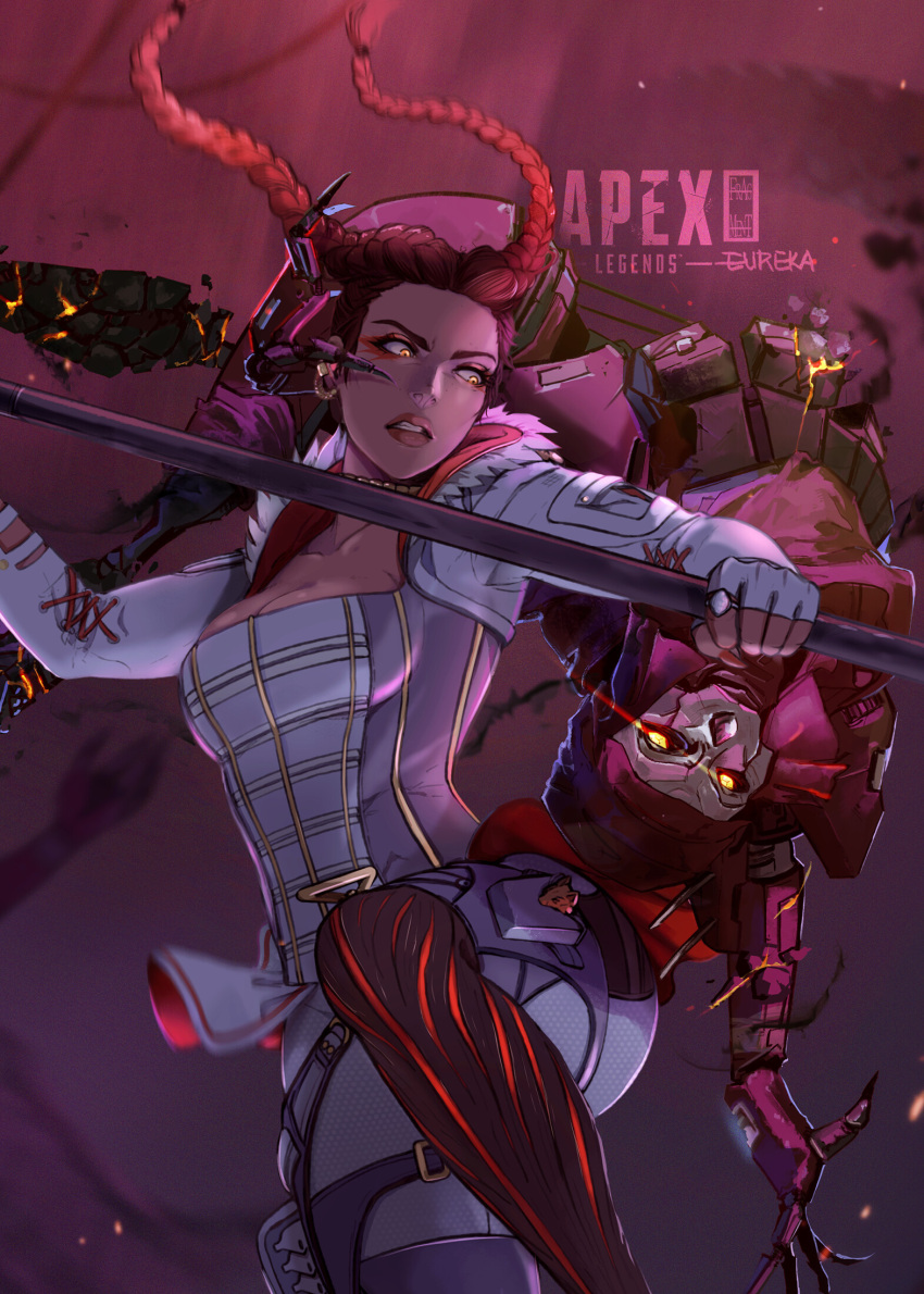 1boy 1girl apex_legends ass braid breasts brown_hair collaboration copyright_name corset cropped_jacket english_commentary eureka1812 falling floating_hair fur_trim glowing glowing_eyes gradient_hair highres holding holding_staff humanoid_robot ifragmentix jacket loba_(apex_legends) medium_breasts multicolored_hair open_hand orange_eyes parted_lips redhead revenant_(apex_legends) simulacrum_(titanfall) staff twin_braids twisted_torso white_jacket yellow_eyes