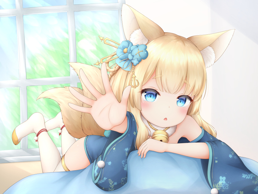1girl absurdres animal_ears azur_lane bell blue_kimono blush boots eyebrows_visible_through_hair floral_print fox_ears fox_tail hair_between_eyes highres indoors japanese_clothes jingle_bell kimono kitsune looking_at_viewer lying multiple_tails niizuki_(azur_lane) off-shoulder_kimono on_stomach solo sunlight tail thick_eyebrows thigh-highs thigh_boots vldjm13 white_footwear window