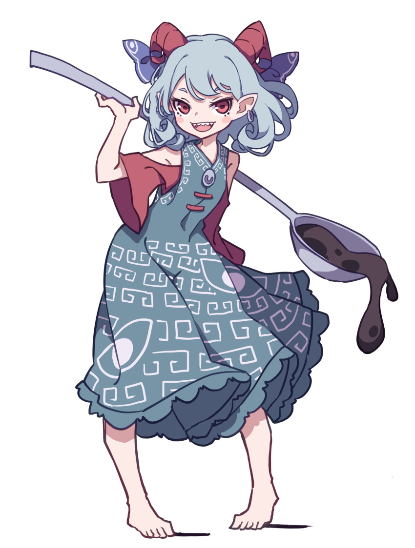 1girl absurdres barefoot blue_dress blue_ribbon blush_stickers dress full_body highres holding_spork horn_ornament horn_ribbon horns kame_(kamepan44231) meandros oil one-hour_drawing_challenge open_mouth oversized_object red_eyes red_horns red_sleeves ribbon sharp_teeth sheep_horns short_hair simple_background smile solo teeth touhou toutetsu_yuuma white_background white_hair