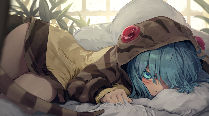 1girl absurdres aqua_hair bangs blurry blurry_foreground blush eyebrows_visible_through_hair eyes_visible_through_hair grabbing green_eyes hair_over_one_eye highres hood hood_up hoodie indoors kemono_friends long_sleeves looking_at_viewer lying melaton on_side parted_lips pillow pocket sheet_grab snake_tail solo staring striped striped_hoodie striped_tail tail tsuchinoko_(kemono_friends) twisted_torso window