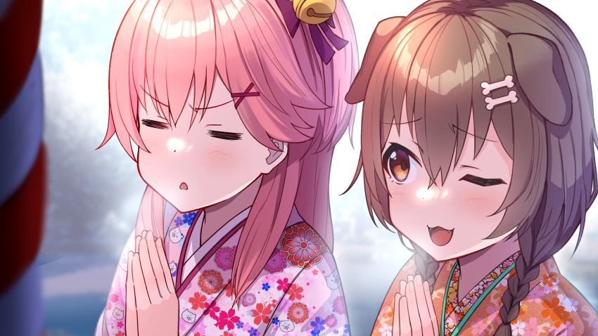 :3 ;d =_= absurdres animal_ears brown_hair dog_ears dog_girl eyebrows_visible_through_hair floral_print hatsumoude highres hololive inugami_korone japanese_clothes kimono kouhaku_nawa long_hair looking_at_another one_eye_closed own_hands_clasped own_hands_together pink_hair praying print_kimono rope sakura_miko shimenawa shrine sideways_glance smile toketa_(toketa15) virtual_youtuber