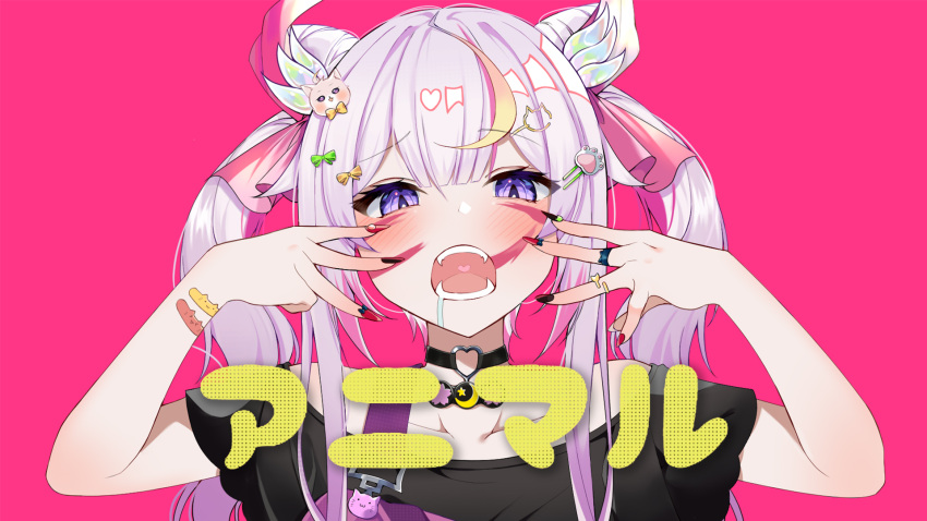 1girl animal_(vocaloid) black_nails black_shirt collarbone fangs hands_on_own_face highres jewelry kimae korean_commentary mixed-language_commentary na_sera nijisanji nijisanji_kr off-shoulder_shirt off_shoulder open_hands paw_hair_ornament pink_background pink_hair portrait ring saliva shirt song_name twintails violet_eyes virtual_youtuber