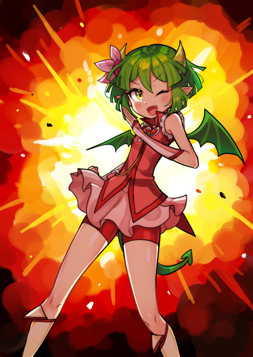 1girl absurdres alternate_costume blush draco_centauros dragon_girl dragon_horns dragon_tail dragon_wings explosion eyebrows_visible_through_hair fang green_hair highres horns looking_at_viewer one_eye_closed open_mouth pointy_ears puyopuyo s2offbeat short_hair smile solo tail wings yellow_eyes