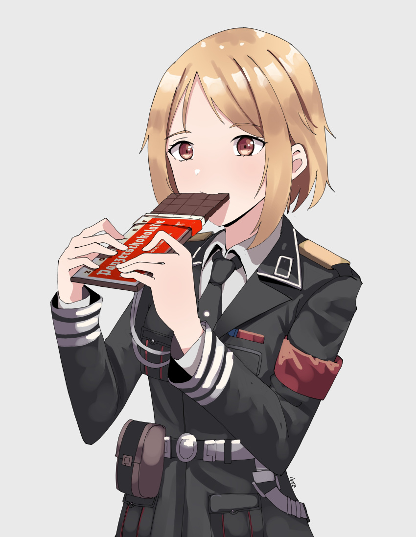 1girl absurdres belt belt_pouch black_coat black_necktie blonde_hair brown_eyes candy character_request check_character chocolate chocolate_bar coat collared_shirt commentary eating food gar32 girls_frontline grey_background highres holding holding_chocolate holding_food long_sleeves medium_hair military military_uniform mp40_(girls'_frontline) nazi necktie original pouch red_armband shirt signature simple_background solo uniform upper_body