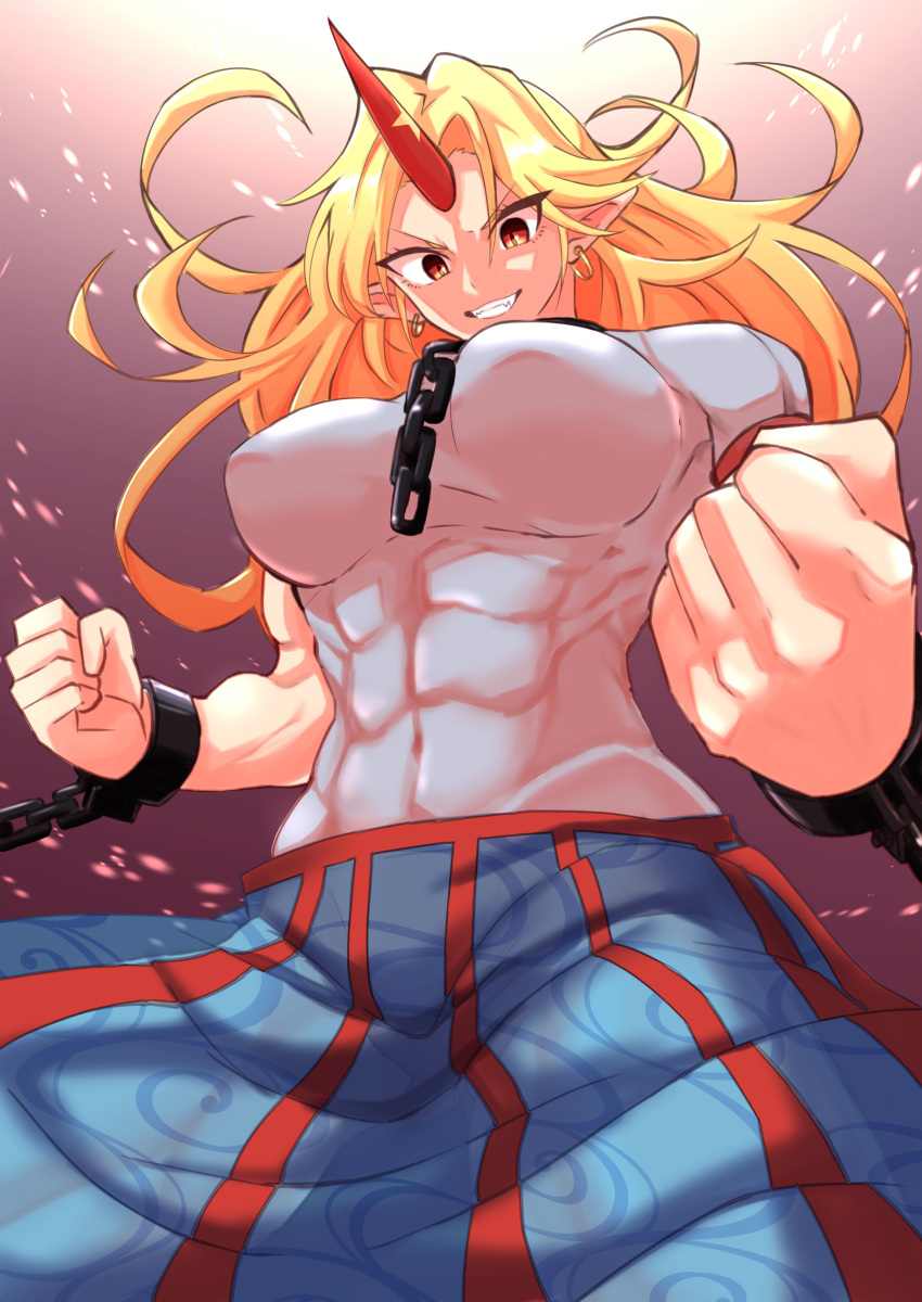1girl abs absurdres bangs blonde_hair blue_skirt breasts chain clenched_hand commentary_request covered_navel cowboy_shot cuffs earrings fugaku_(miko_no_miyatsuguchi) grin highres horns hoshiguma_yuugi impossible_clothes impossible_shirt jewelry large_breasts long_hair looking_at_viewer looking_down muscular muscular_female pointy_ears red_eyes shirt short_sleeves single_horn skirt smile solo touhou white_shirt