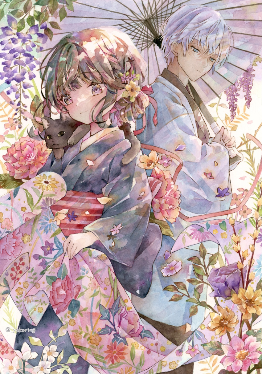 1boy 1girl :| animal animal_on_shoulder back-to-back bangs blue_eyes brown_eyes brown_hair cat closed_mouth commentary_request cowboy_shot expressionless eyebrows_visible_through_hair flower hair_between_eyes highres holding holding_umbrella japanese_clothes kimono light_blush looking_down no_pupils oil-paper_umbrella original painting_(medium) short_hair smile standing sunlight traditional_media twitter_username umbrella watercolor_(medium) white_hair yukoring