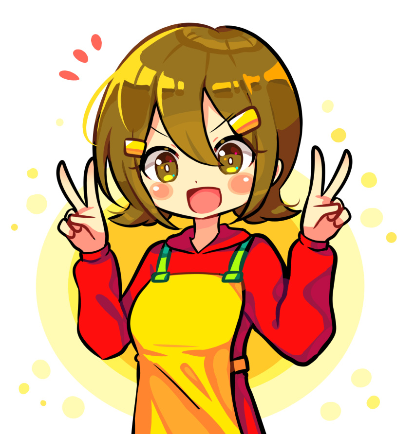 1girl 5-volt apron blush brown_eyes brown_hair double_v eyebrows_visible_through_hair hair_ornament hairclip highres long_sleeves looking_at_viewer open_mouth s2offbeat short_hair smile solo upper_body v warioware yellow_apron