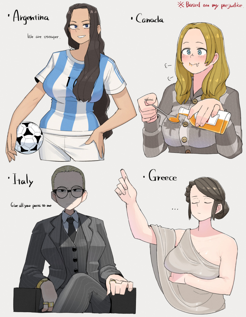 4girls argentinian_flag_print ball black_necktie blonde_hair blue_eyes breasts closed_eyes eyebrows_visible_through_hair facing_viewer hand_on_hip highres holding holding_spoon large_breasts long_hair looking_at_viewer multiple_girls necktie ohasi original round_eyewear short_hair soccer_ball soccer_uniform spoon sportswear syrup tan