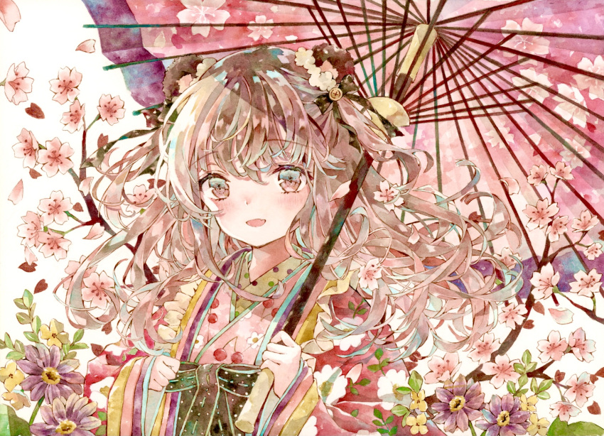 1girl :d animal_ears bangs brown_eyes brown_hair commentary_request curly_hair eyebrows_visible_through_hair fang flower gradient_eyes green_eyes hair_ornament hands_up highres holding holding_umbrella japanese_clothes kimono light_blush long_hair looking_at_viewer making-of_available multicolored_eyes oil-paper_umbrella open_mouth original painting_(medium) petals skin_fang smile solo standing sunlight traditional_media umbrella upper_body watercolor_(medium) yukoring