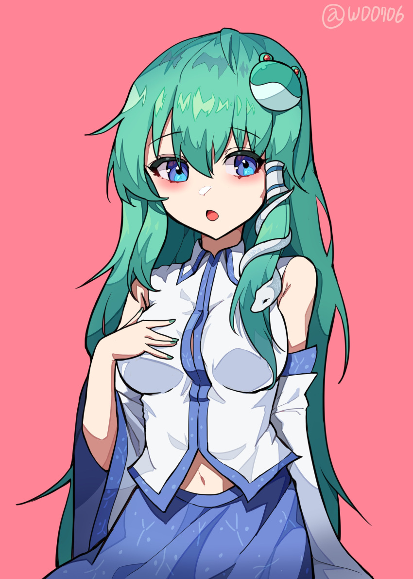 1girl :o \||/ absurdres arm_at_side armpit_crease bangs bare_shoulders blue_nails blue_skirt blush breasts collared_shirt commentary_request detached_sleeves frog_hair_ornament green_eyes green_hair hair_ornament hand_on_own_chest happy highres kochiya_sanae korean_commentary large_breasts long_hair long_sleeves looking_at_viewer nail_polish navel nontraditional_miko open_mouth pink_background print_skirt shirt sidelocks simple_background skirt snake_hair_ornament solo standing stomach touhou twitter_username upper_body wd0706 white_shirt wide_sleeves wing_collar
