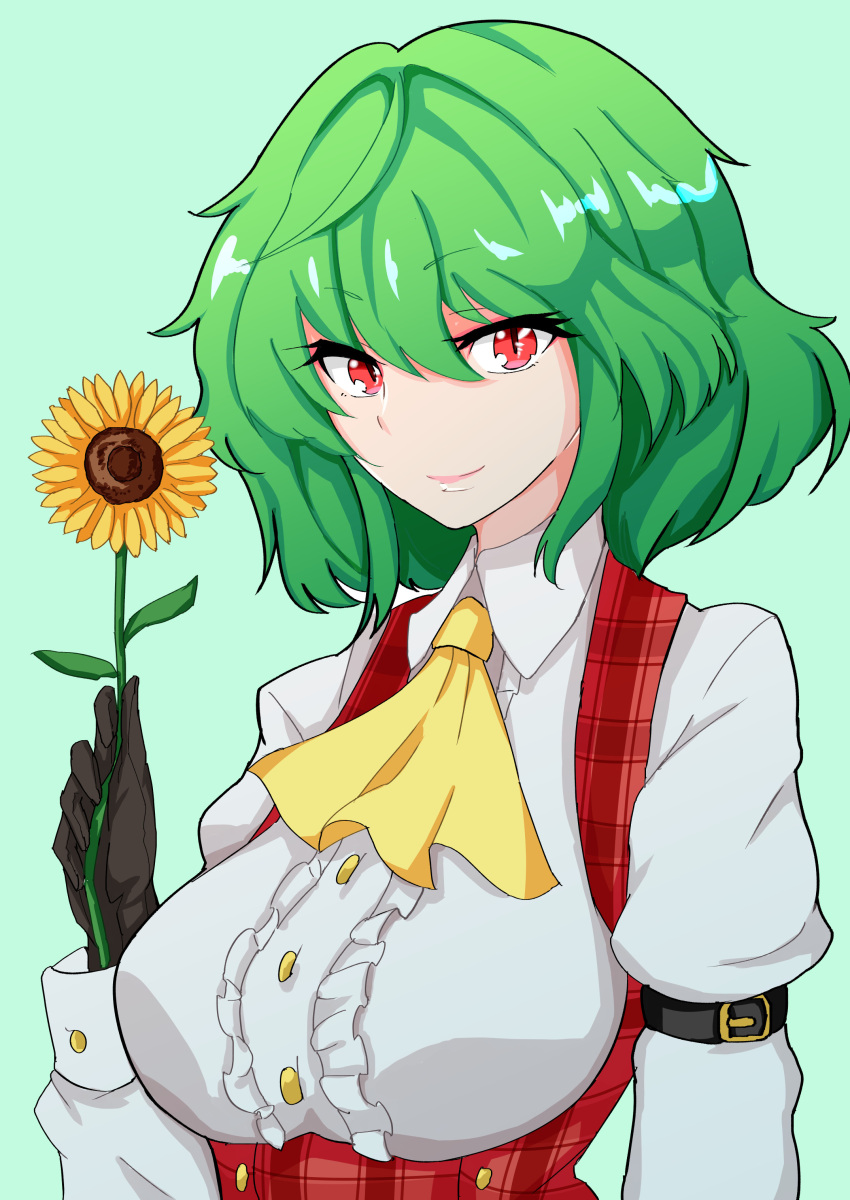 1girl absurdres ascot bangs black_gloves breasts buttons closed_mouth collared_shirt commentary eyebrows_visible_through_hair flower fugaku_(miko_no_miyatsuguchi) gloves green_background green_hair hair_between_eyes highres holding holding_flower kazami_yuuka large_breasts long_sleeves looking_at_viewer plaid plaid_vest red_eyes red_vest shirt short_hair simple_background slit_pupils solo sunflower touhou upper_body vest white_shirt