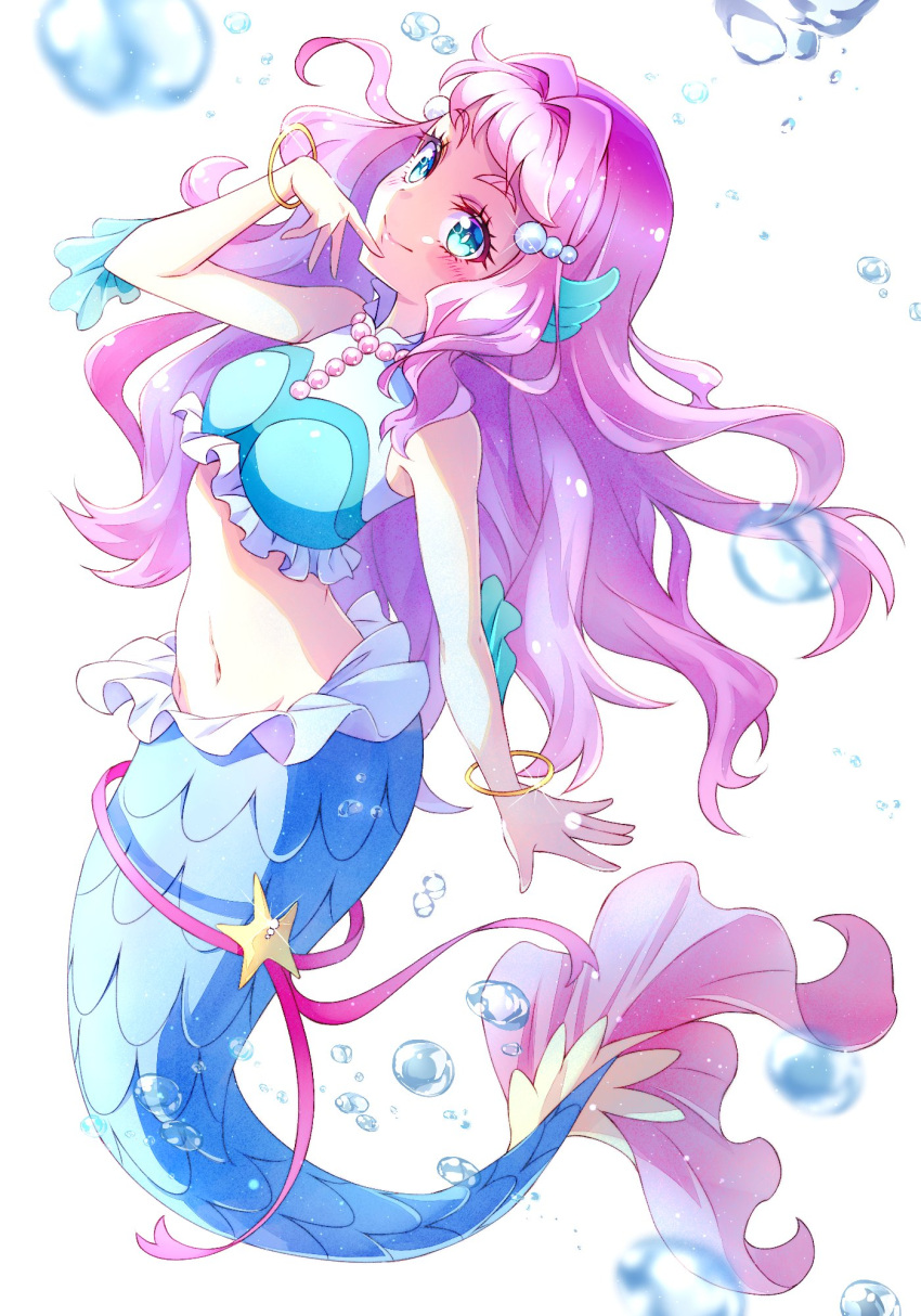 1girl blue_eyes blush bracelet closed_mouth crop_top floating_hair full_body groin hair_intakes hair_ornament highres jewelry kyoutsuugengo laura_la_mer long_hair mermaid midriff monster_girl navel pink_hair precure red_ribbon ribbon shiny shiny_hair smile solo sparkle stomach tropical-rouge!_precure very_long_hair white_background