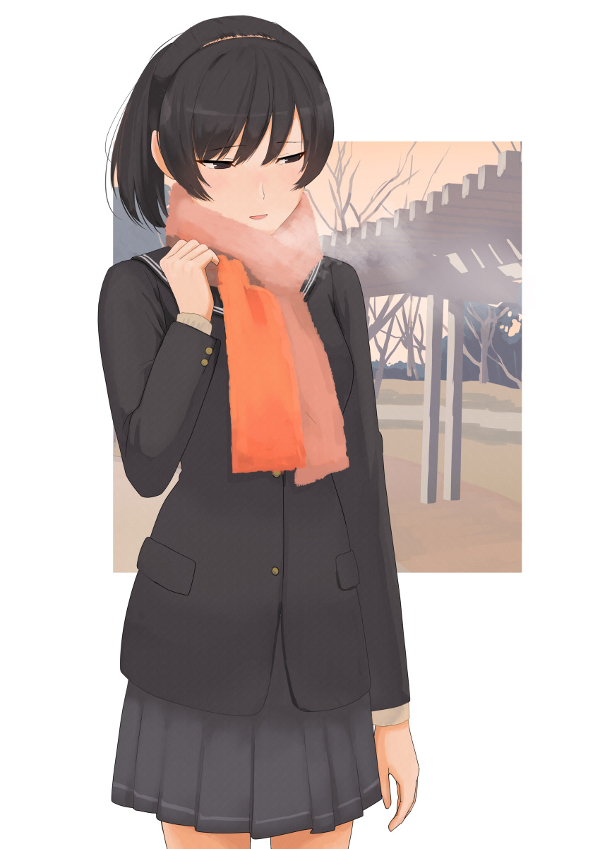 1girl absurdres adjusting_clothes adjusting_scarf amagami arm_at_side bangs bkhayatej black_eyes black_hair black_jacket black_skirt breath brown_hairband brown_sweater commentary hair_strand hairband highres jacket kibito_high_school_uniform light_blush long_hair looking_away outside_border parted_lips pavilion pink_scarf pleated_skirt ponytail raised_eyebrows scarf school_uniform skirt smile solo sweater textless tree tsukahara_hibiki white_background