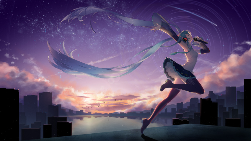 absurdres aqua_hair aqua_necktie armpits bangs black_thighhighs boots closed_eyes detached_sleeves hair_ornament hatsune_miku headset highres holding holding_microphone long_hair microphone music necktie open_mouth scenery shooting_star singing sky standing standing_on_one_leg star_(sky) starry_sky tataki_worker thigh-highs thigh_boots twintails very_long_hair vocaloid wind