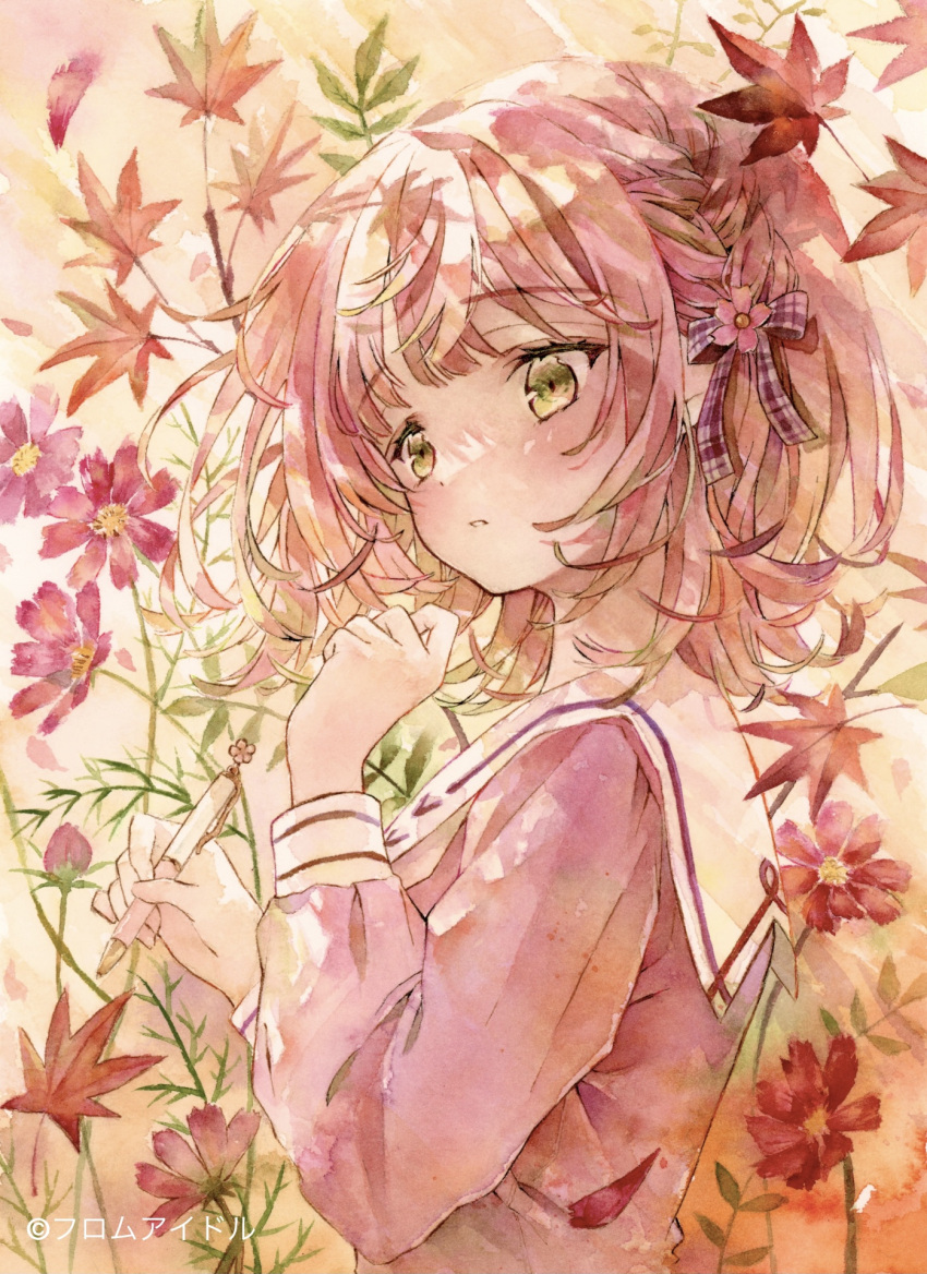 1girl autumn_leaves bangs blush bow braid character_request checkered_bow checkered_clothes commentary_request eyebrows_visible_through_hair french_braid ginkgo hair_bow hand_up highres holding leaf making-of_available maple_leaf painting_(medium) parted_lips pen pink_hair pink_shirt princess_letter(s) sailor_collar school_uniform serafuku shirt short_hair solo standing sunlight traditional_media upper_body watercolor_(medium) yukoring