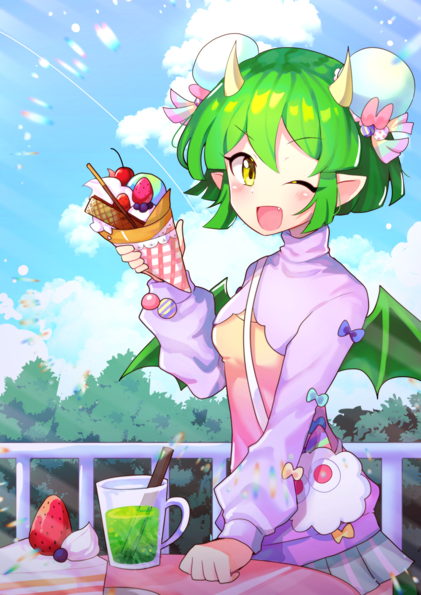 1girl absurdres blush cake cake_slice cup day draco_centauros dragon_girl dragon_horns dragon_tail dragon_wings drinking_glass drinking_straw eyebrows_visible_through_hair fang food green_hair highres horns long_sleeves looking_at_viewer open_mouth outdoors plate pointy_ears puyopuyo s2offbeat short_hair smile solo table tail wings yellow_eyes