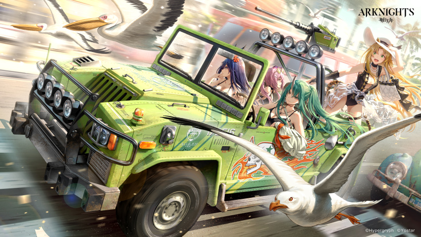 4girls :d absurdres arknights bare_shoulders bird black_swimsuit blue_hair ch'en_(arknights) ch'en_the_holungday_(arknights) dragon_horns driving flower green_hair ground_vehicle hair_flower hair_ornament hat highres horns hoshiguma_(arknights) lin_yuhsia_(arknights) long_hair multiple_girls official_art one-piece_swimsuit pinakes pink_hair ponytail red_eyes red_flower single_horn smile sun_hat swimsuit swire_(arknights) white_headwear