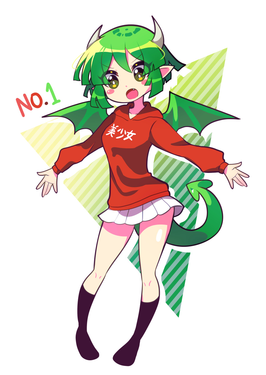 1girl absurdres black_legwear blush collarbone draco_centauros dragon_girl dragon_horns dragon_tail dragon_wings eyebrows_visible_through_hair fang full_body green_hair highres hood hoodie horns kneehighs long_sleeves looking_at_viewer open_mouth pleated_skirt pointy_ears puyopuyo red_hoodie s2offbeat short_hair skirt solo tail translation_request white_skirt wings yellow_eyes