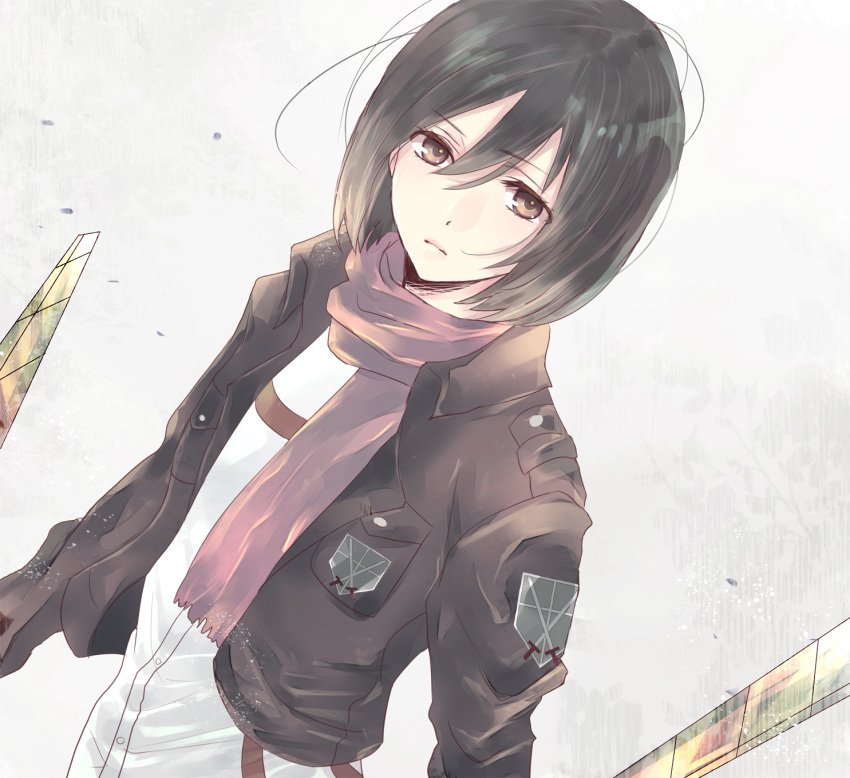 1girl absurdres bangs black_hair blue_eyes boots breasts brown_footwear brown_jacket commentary cropped_jacket emblem from_side hair_between_eyes highres holding holding_sword holding_weapon jacket knee_boots long_sleeves looking_at_viewer looking_to_the_side medium_breasts mikasa_ackerman military military_uniform natsume_(pixiv3185757) open_clothes open_jacket pants paradis_military_uniform parted_lips red_scarf scarf shingeki_no_kyojin shirt short_hair simple_background solo sword thigh_strap three-dimensional_maneuver_gear uniform weapon white_background white_pants white_shirt