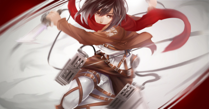 1girl absurdres bangs black_hair blue_eyes boots breasts brown_footwear brown_jacket commentary cropped_jacket emblem from_side hair_between_eyes highres holding holding_sword holding_weapon jacket knee_boots long_sleeves looking_at_viewer looking_to_the_side medium_breasts mikasa_ackerman military military_uniform open_clothes open_jacket pants paradis_military_uniform parted_lips qing_q&igrave;qiu red_scarf scarf shingeki_no_kyojin shirt short_hair simple_background solo sword thigh_strap three-dimensional_maneuver_gear uniform weapon white_background white_pants white_shirt