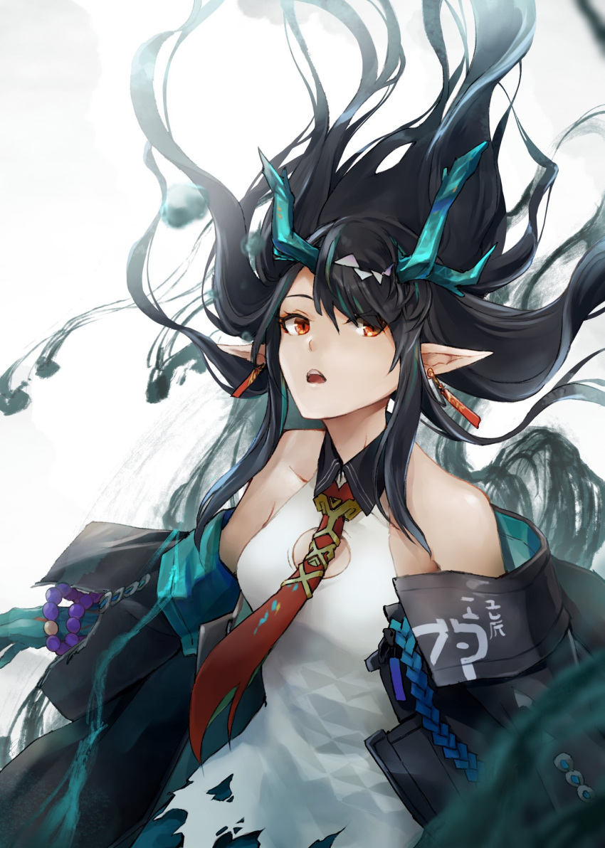 1girl arknights backlighting beads black_jacket blue_horns blue_skin blurry blurry_background bracelet collar colored_skin commentary_request dragon_girl dragon_horns dress dusk_(arknights) e-bushi earrings floating_hair highres horns ink jacket jewelry long_sleeves looking_at_viewer looking_up necktie off-shoulder_dress off_shoulder open_mouth pointy_ears prayer_beads red_eyes red_necktie simple_background sleeveless sleeveless_dress solo teeth torn_clothes torn_dress white_background white_dress