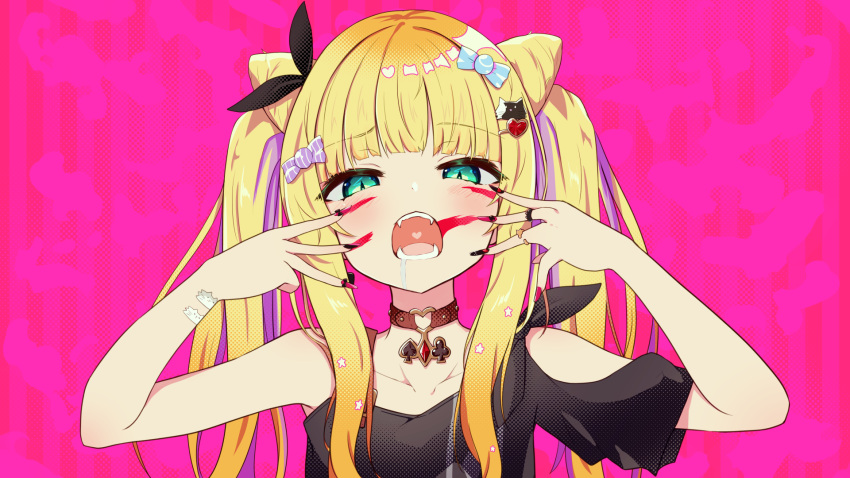 1girl animal_(vocaloid) baram black_ribbon black_shirt blonde_hair blush brown_collar clothing_cutout club_(shape) collar collarbone commentary_request diamond_(shape) drooling fangs green_eyes hair_cones hair_ornament hair_ribbon hairclip half-closed_eyes hands_up heart heart_hair_ornament heart_ring highres long_hair looking_at_viewer mononobe_alice nail_polish nijisanji open_mouth pink_background puffy_short_sleeves puffy_sleeves red_nails ribbon saliva shirt short_sleeves shoulder_cutout single_sleeve solo spade_(shape) twintails upper_body virtual_youtuber