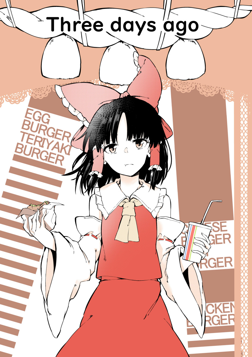 1girl ascot bangs bare_shoulders black_hair bow brown_background burger closed_mouth collared_dress deetamu detached_sleeves dress drink english_text eyebrows_visible_through_hair food frills glass gradient gradient_clothes gradient_hair hair_ornament hair_tubes hakurei_reimu hands_up highres long_sleeves looking_away multicolored_hair orange_eyes red_bow red_dress short_hair solo standing touhou white_background wide_sleeves yellow_ascot